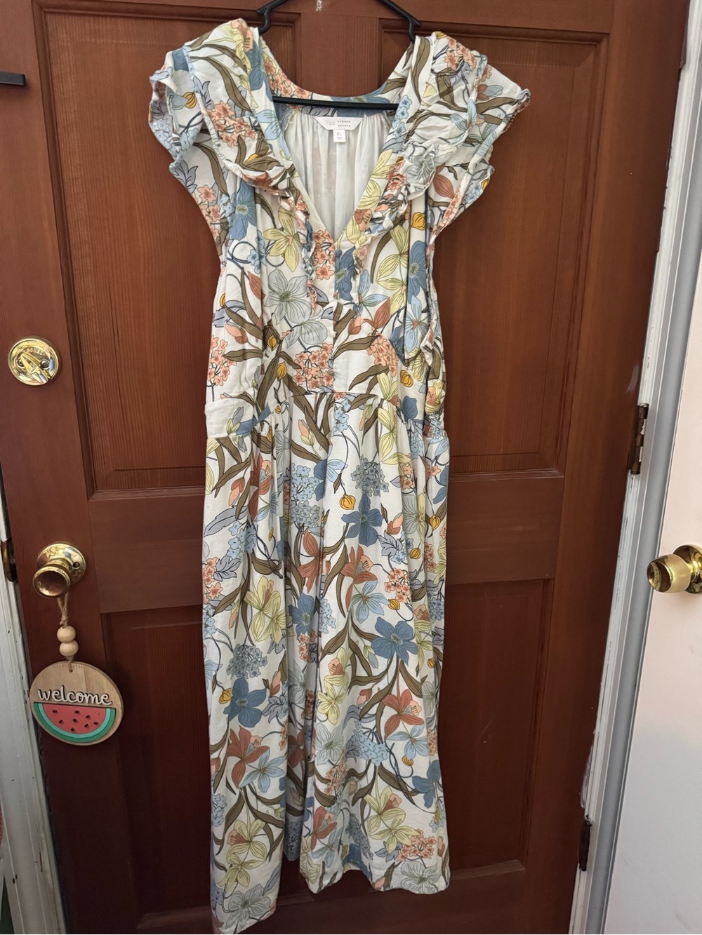 Lauren Conrad: Floral Ruffle V-Neck Women’s Maxi Dress - Blue/Green/Tan